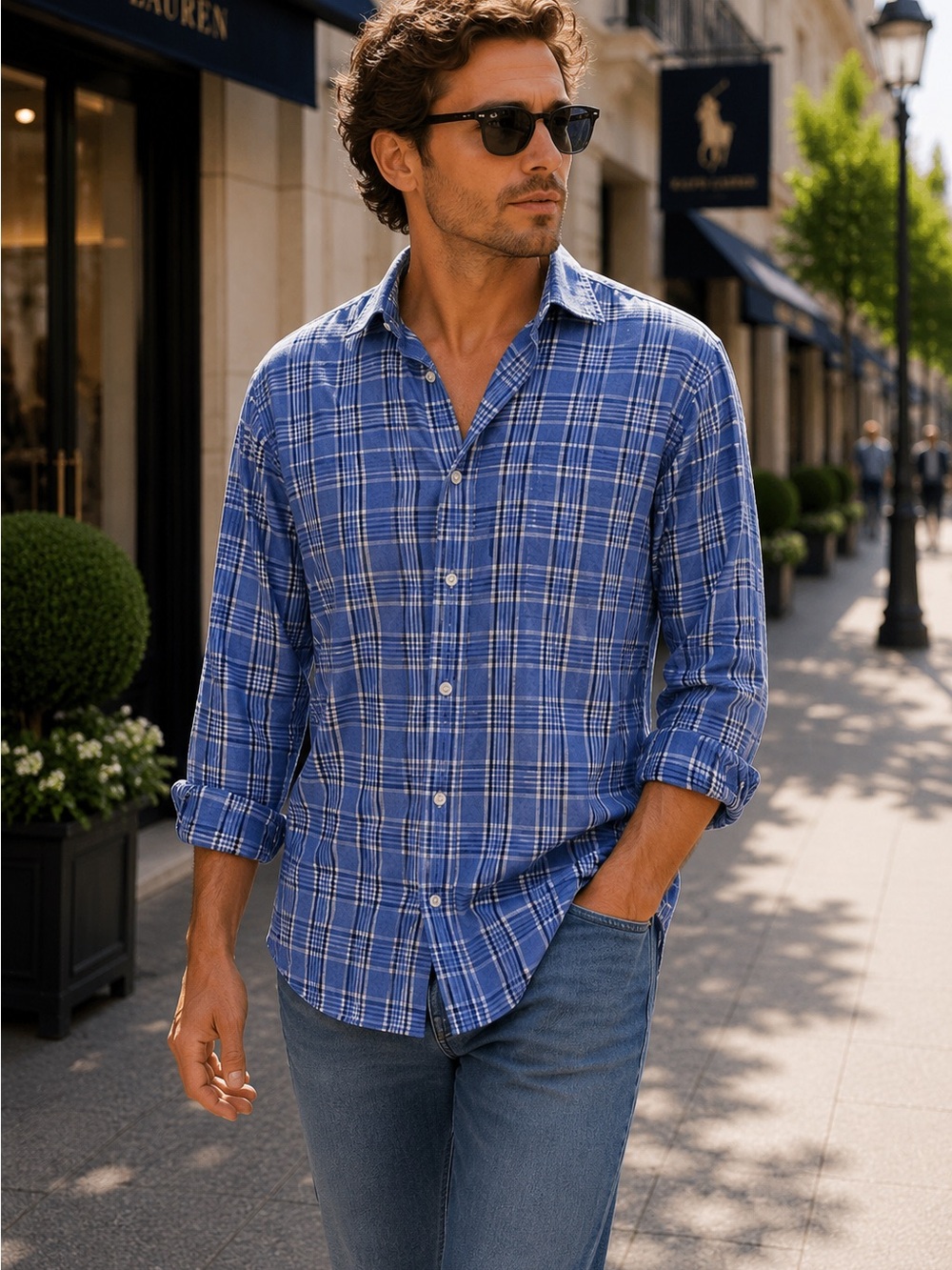 Neiman Marcus Mens Trim Fit Blue Plaid Wrinkle Free Cotton Button Down Shirt 15